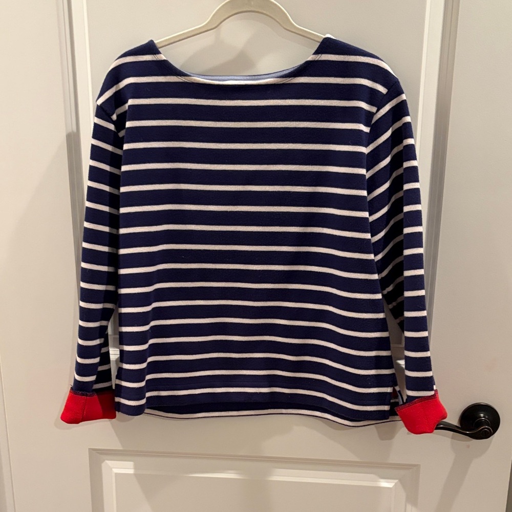 Vineyard Vines Navy and White Striped Sweater with red fleece inside.